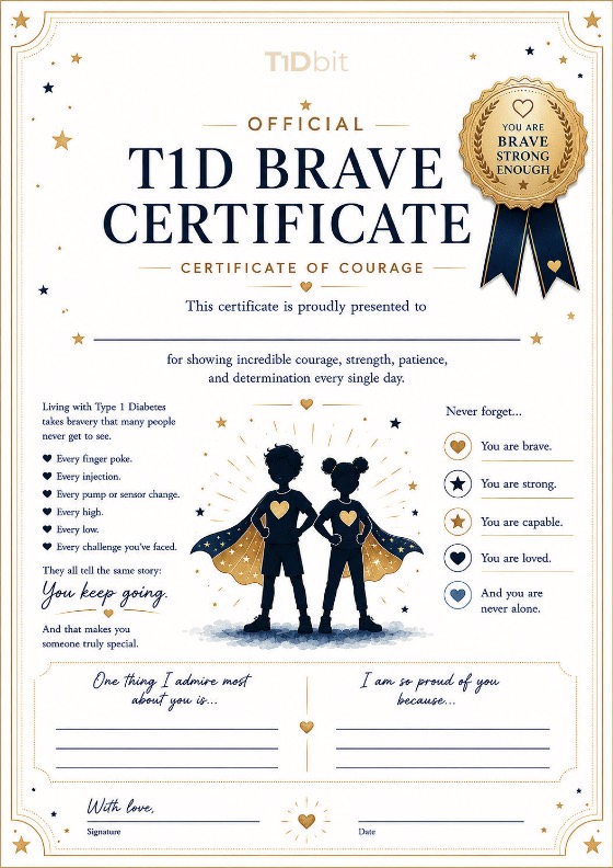 Preview: T1D Brave Certificate (Certificate of Courage) in English with seal and superhero silhouettes