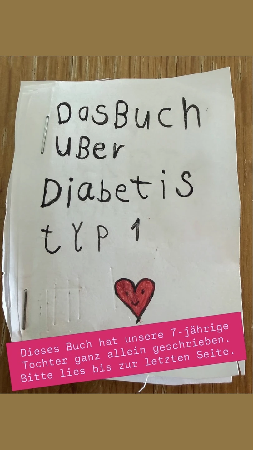 Handgeschriebenes Kinderbuch-Cover „Das Buch über Diabetis Typ 1“ mit gemaltem Herz — unser meistgeklickter Instagram-Beitrag
